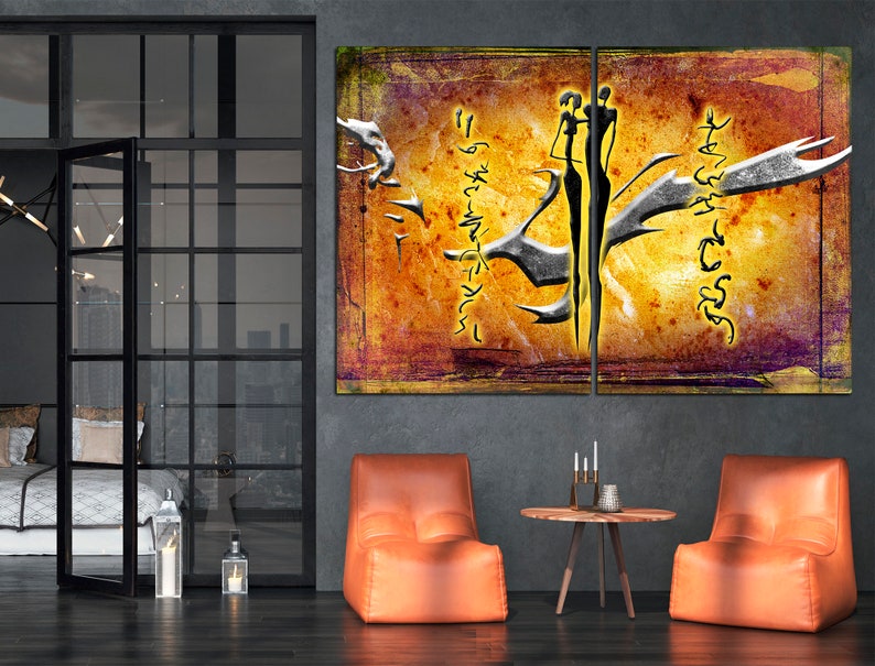 May include: Abstract art print featuring two figures in black silhouette, standing close together against a yellow and orange background with silver accents. The background has a textured look and includes abstract symbols.