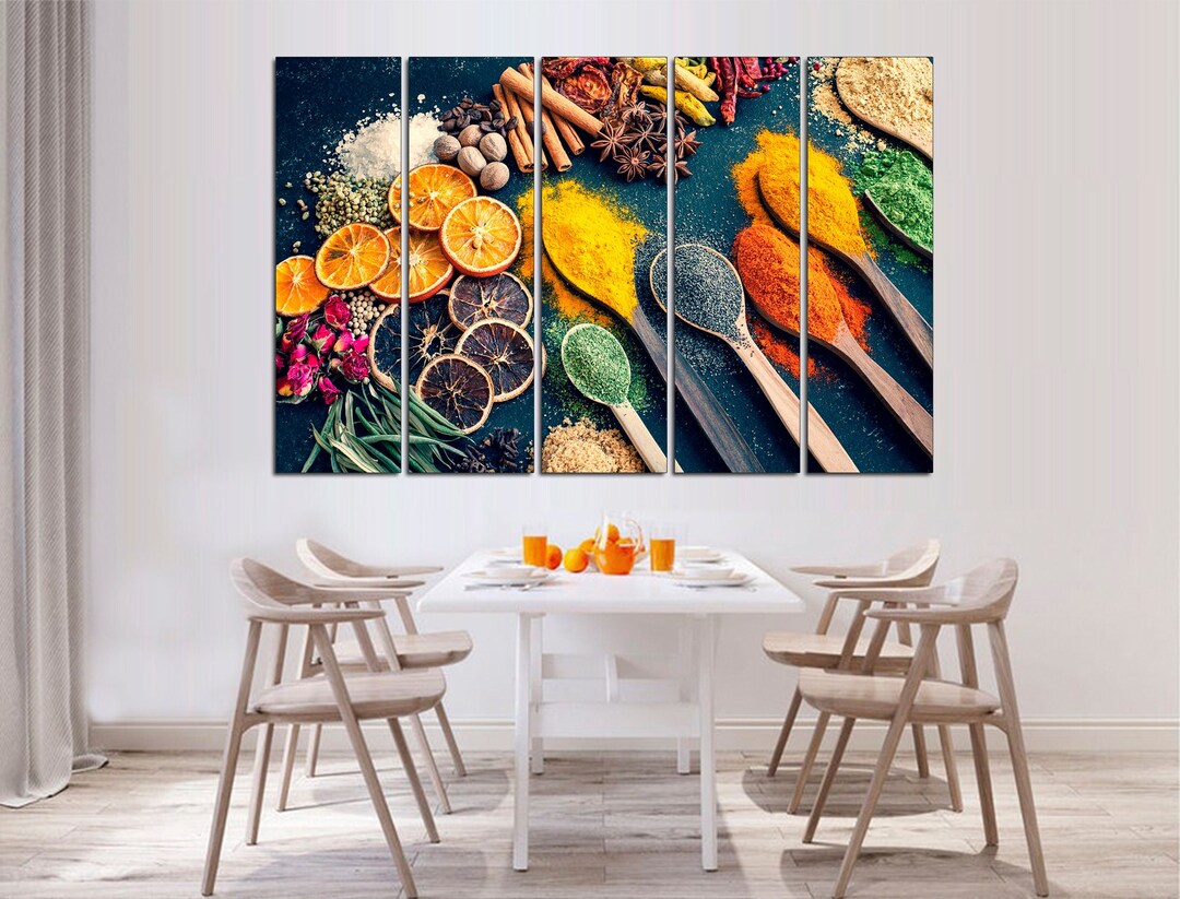 3 panels condiments in the kitchen wall art canvas... Spice Art Print: Kitchen Canvas Wall Decor, Set of 5 - Etsy