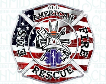May include: A red, white, and blue American flag design with a silver border. The center of the design features a firefighter's helmet, an axe, a ladder, and a medical star of life. The text "ALL AMERICAN FIRE RESCUE" is written around the center design.