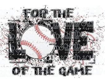 Puede incluir: Gráfico con temática de béisbol con el texto "FOR THE LOVE OF THE GAME". El diseño presenta una pelota de béisbol con costuras rojas, rodeada de pelotas de béisbol y salpicaduras de pintura negra sobre un fondo blanco.