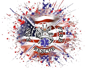 May include: A red, white, and blue American flag with a stylized image of a firefighter's helmet, axe, ladder, and a star of life in the center. The words "EMS", "FIRE", and "RESCUE" are written around the image. The background is a white splatter pattern.