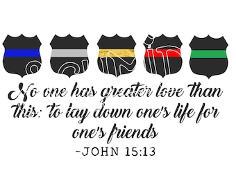 May include: Five black and white shield-shaped silhouettes with thin colored lines across the center. The lines are blue, silver, gold, red, and green. The text below the shields reads "No one has greater love than this: to lay down one's life for one's friends - JOHN 15:13".