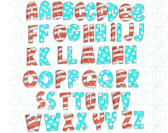 May include: An alphabet with red, white, and blue stripes and polka dots. The letters are outlined in black.
