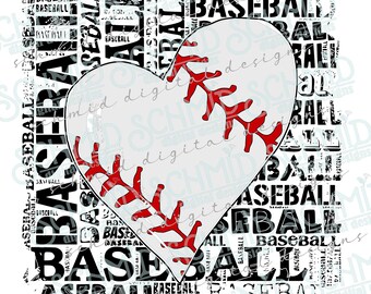 Puede incluir: Una pelota de béisbol blanca con costuras rojas en forma de corazón. El corazón está rodeado por la palabra "béisbol" repetida en texto negro.