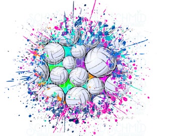 May include: A colorful abstract design with white volleyballs in the center. The background is a splatter of pink, blue, green, and purple paint.