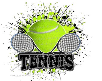 May include: A green tennis ball with two black and blue tennis rackets behind it. The image has a black and green splatter effect behind the ball and rackets. The word "TENNIS" is written in black letters below the ball and rackets.