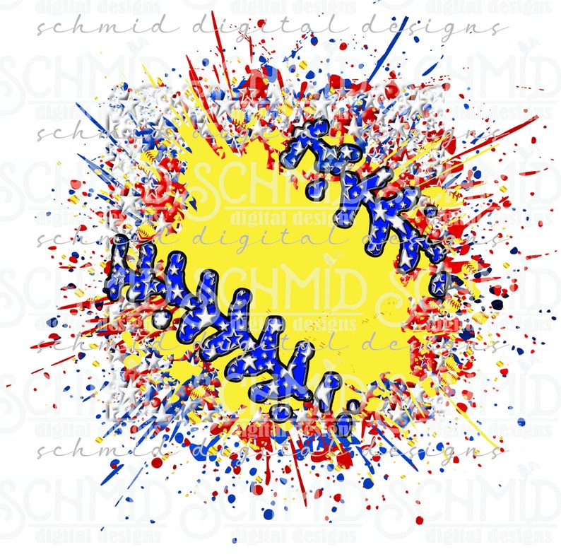 Puede incluir: Una pelota de softball amarilla con estrellas azules y blancas y salpicaduras de pintura roja, blanca y azul a su alrededor.