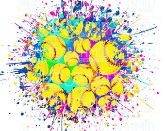 May include: A colorful abstract design featuring a cluster of yellow softball balls with red stitching, surrounded by a vibrant splatter of paint in shades of blue, pink, green, and purple.