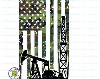 May include: A digital illustration of an American flag with a camouflage pattern. The flag is behind two silhouettes of oil rigs. The oil rigs are black and the flag is green, white, and red.