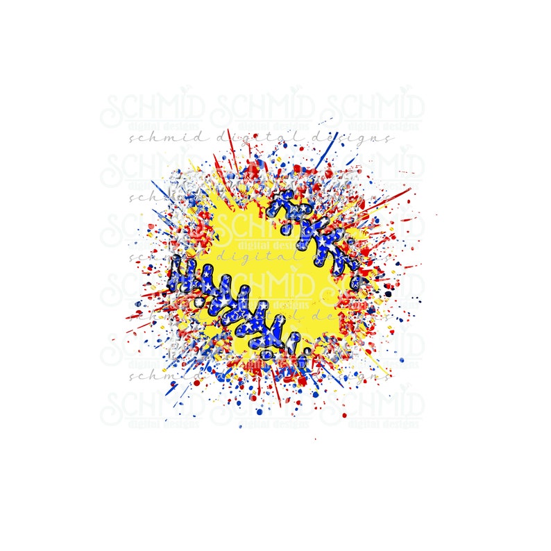 Puede incluir: Una pelota de softball amarilla con estrellas azules y rojas y costuras blancas est&aacute; rodeada de salpicaduras de pintura roja, blanca y azul.