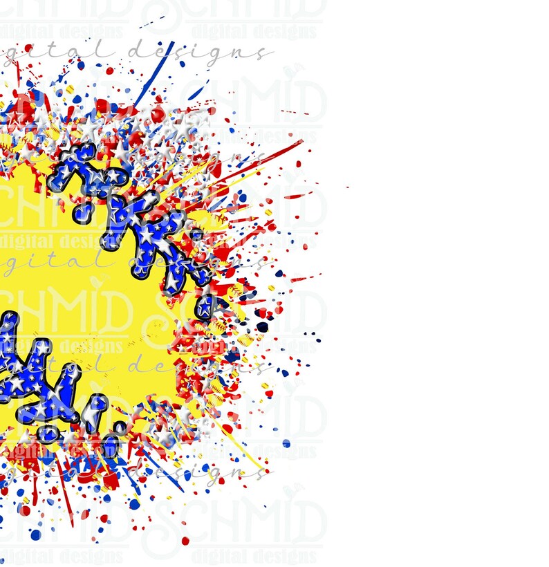 Puede incluir: Una pelota de softball amarilla con estrellas rojas, blancas y azules y salpicaduras de pintura. La pelota de softball est&aacute; rodeada de salpicaduras de pintura rojas, blancas y azules.