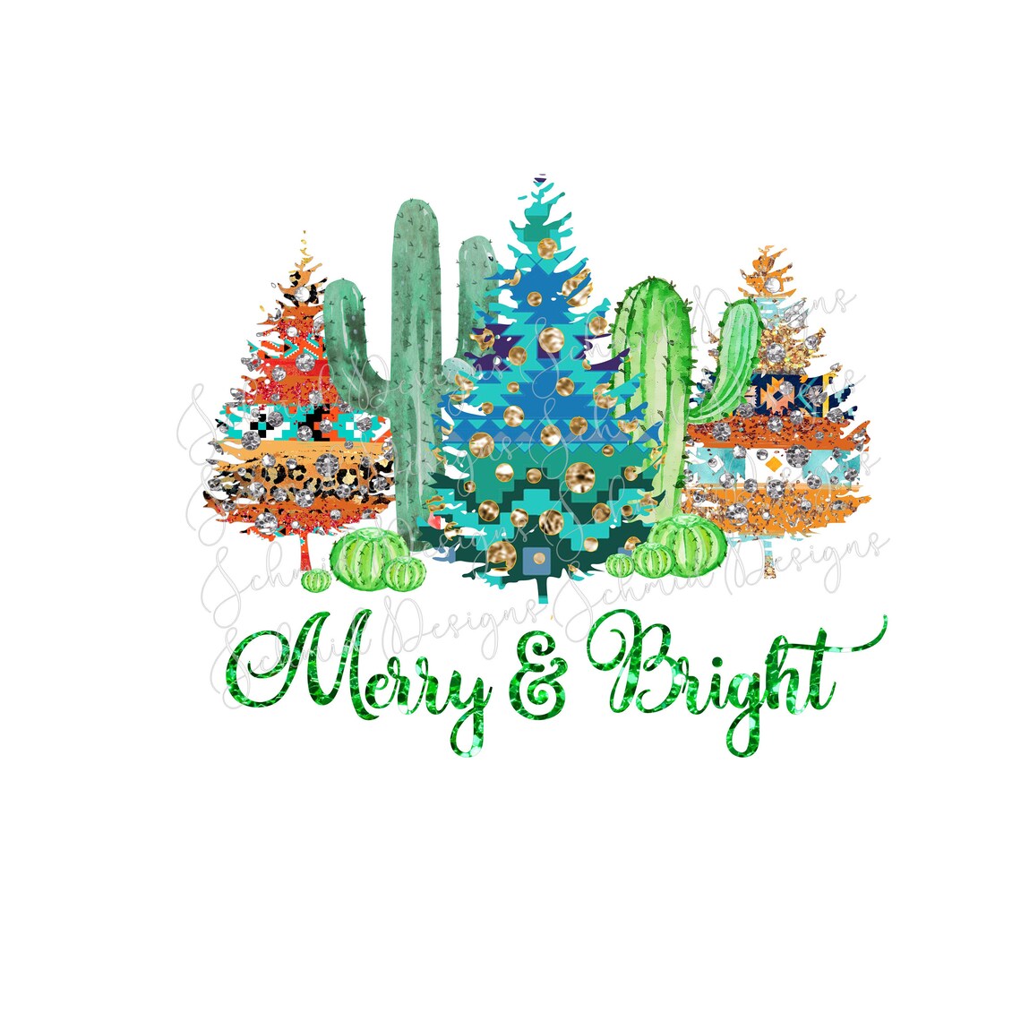 Southwest Merry and Bright Christmas tree png design for Etsy