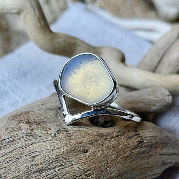 Sea Glass Ring | Rare Opalescent Sea Glass Wishbone Ring | Dainty Opaline Sea Glass Ring | Beach Glass Ring | Glass Jewellery, Size L 1/2