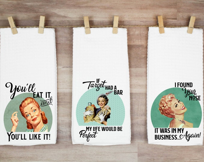 Funny Retro Housewife Kitchen Towel: Vintage Humor Decor