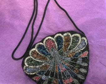 Vintage 1970s/80s Fan Shaped Fully Beaded Evening Bag, wedding, formal event , gifts for her