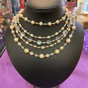 Vintage 1950s/60s Multistrand Faux Pearl and Rainbow Borealis Crystal Statement Necklace , wedding, gifts for her