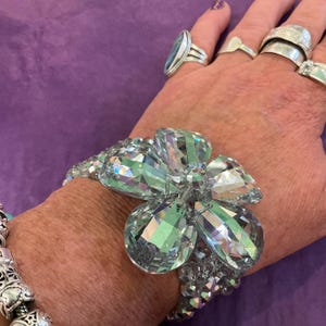 Vintage Butler and Wilson Silver Crystal Flower Beaded Statment Bracelet , Large faceted Crystal Flower