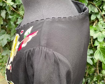 Vintage French Connection Dress: Bohemian Floral Embroidery Black Rayon, UK  10