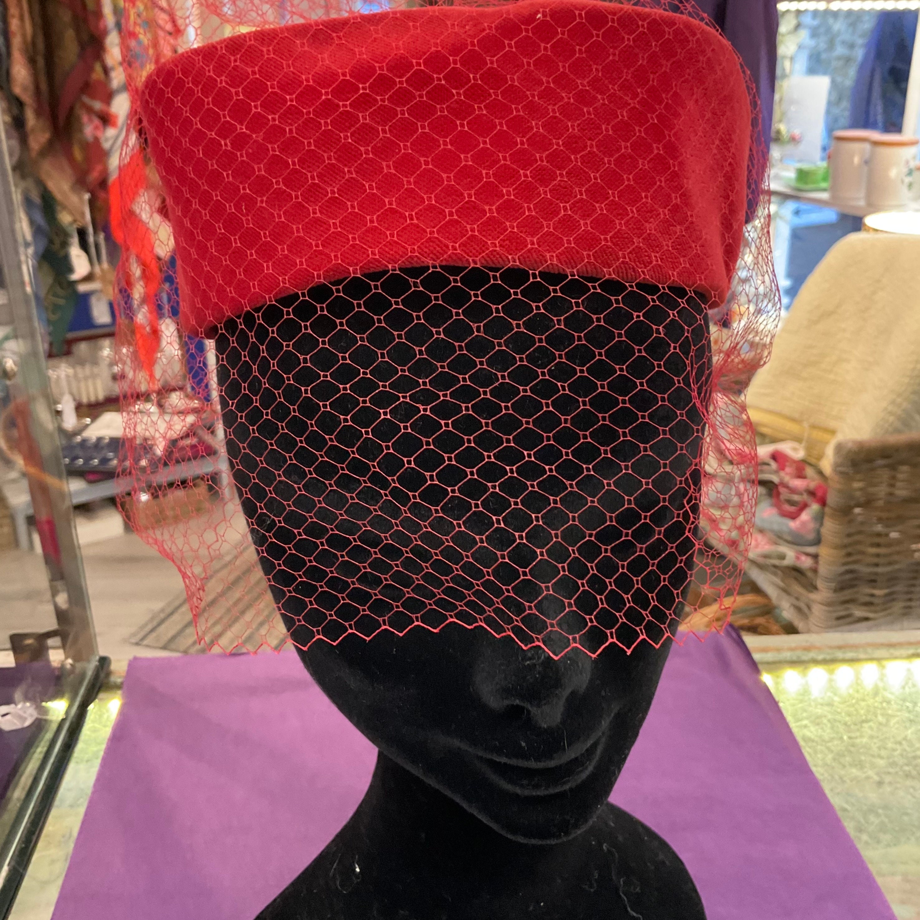 Vintage 80s Red Velvet Pillbox Hat: Wedding Guest Veil Bow 
