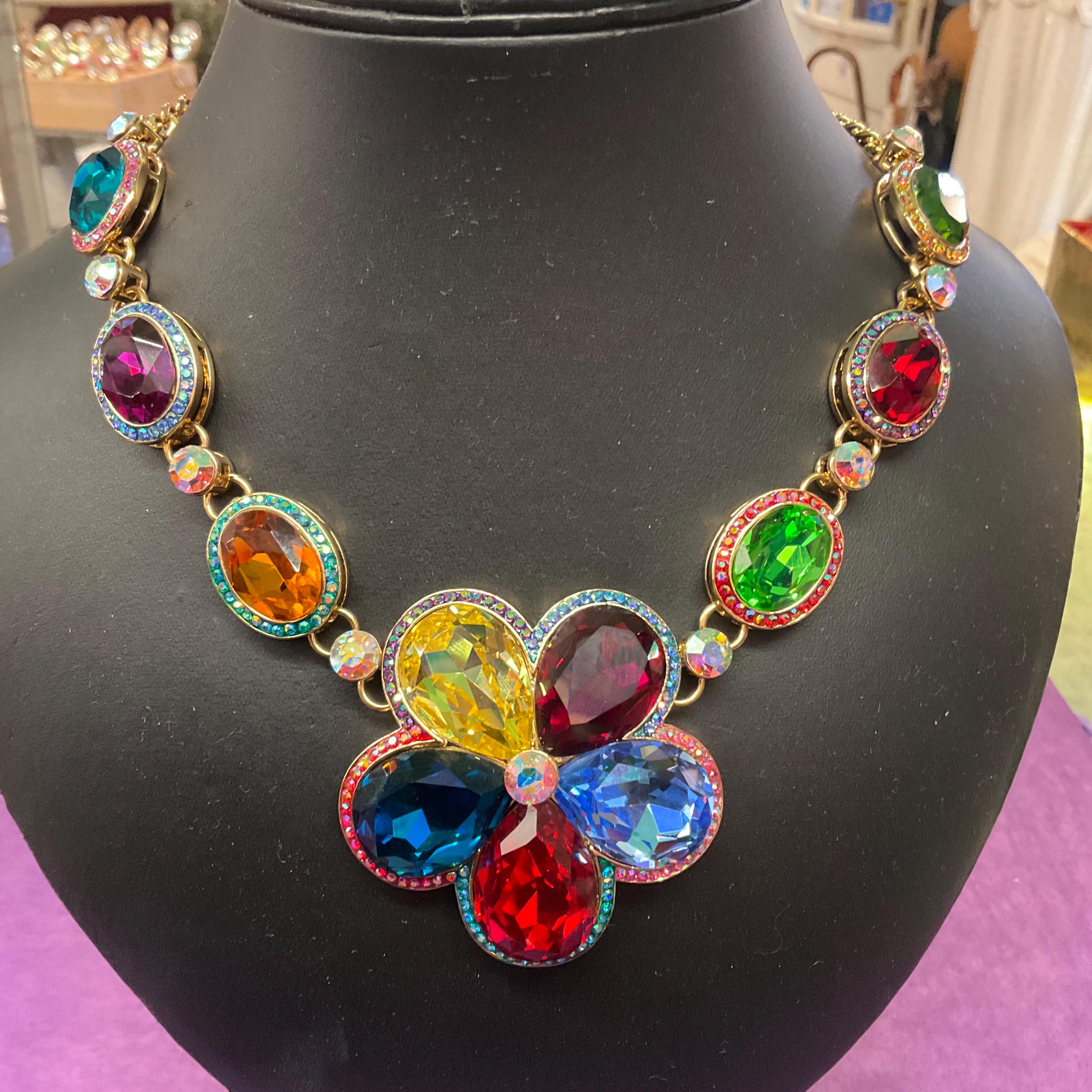 Vintage Butler and Wilson Rainbow Crystal Flower Necklace: Aurora