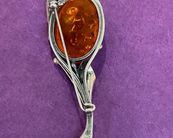 Broche Vintage En Argent Massif Avec Ambre - Style Art Nouveau - Occasion