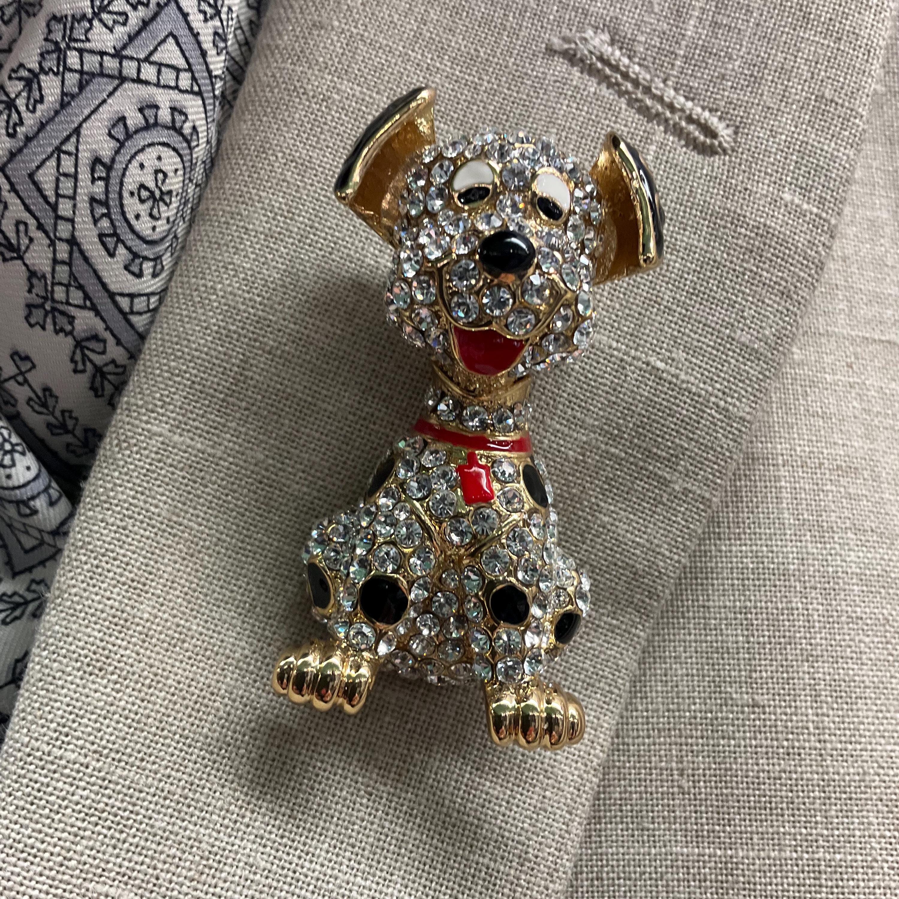Vintage Butler and Wilson Crystal Dalmatian Brooch, Gold Tone