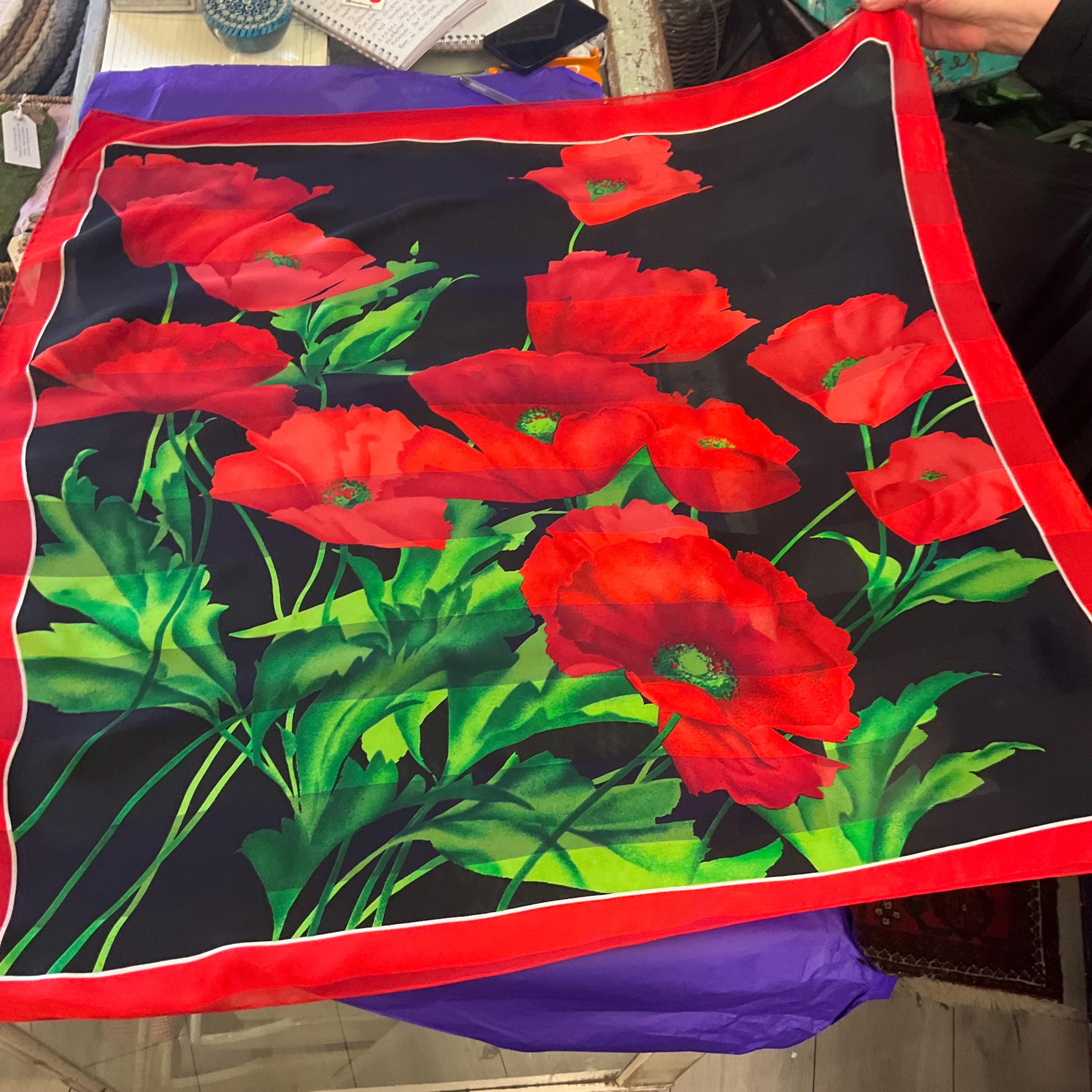 Vintage JAEGER Large Pure Silk Chiffon Devorè Poppies Print Scarf