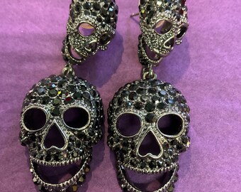 Vintage Butler and Wilson Black Skull Rhinestone Drop Earrings, signed, gifts for them