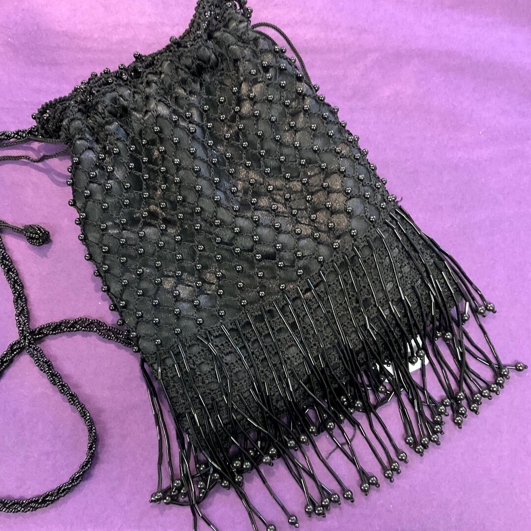 Black Beaded Fringes Party Handbag