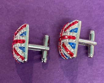 Vintage Butler y Wilson Rhinestone Union Jack Cufflinks, como nuevo en caja original, fiesta de graduación, boda, regalos para él