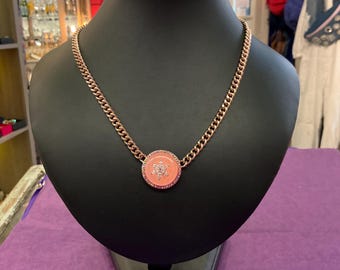 Vintage Butler and Wilson Rose Gold Tone Pink Donut Crystal Necklace, Aurora Borealis and Silver Rhinestones