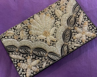 Vintage 1940s/50s Indian Zardosi Floral Goldwork Black Velvet Evening Bag , Clutch Bag, prom, Wedding, gifts for her