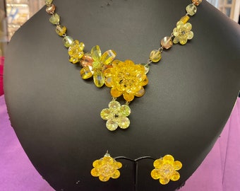 Vintage Butler and Wilson Gold & Yellow Crystal Asymmetric Flower Garland Necklace and Earring Set, Signed in Original box, Birthday Gift