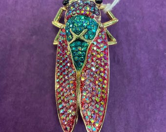 Vintage Butler and Wilson Rainbow Crystal Cicada Brooch, gold tone with multicoloured Borealis rhinestones