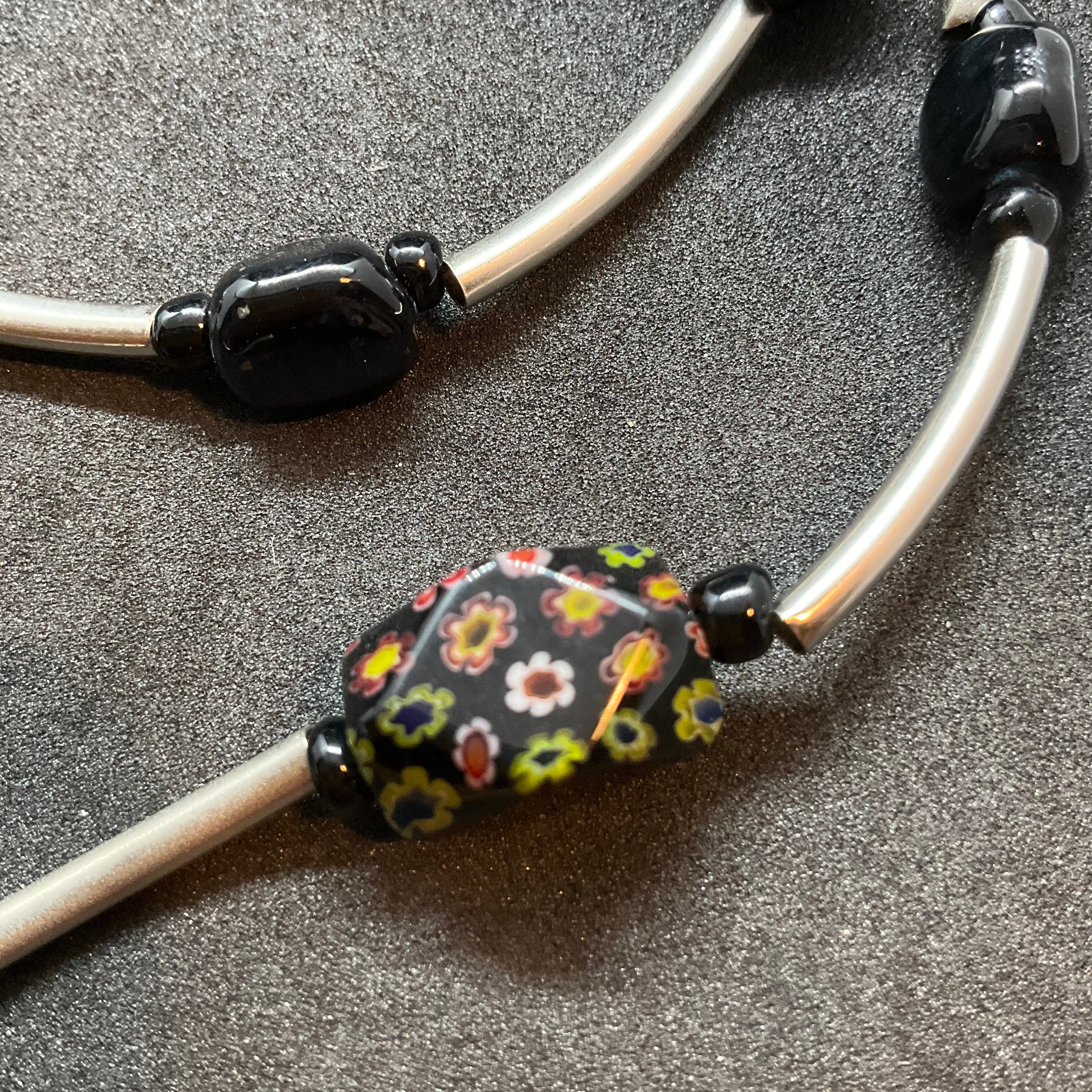 Collier Vintage Perles Murano & Maillons Filigrane Argent Avec Pampilles - Longueur 40 Cm, Années 70