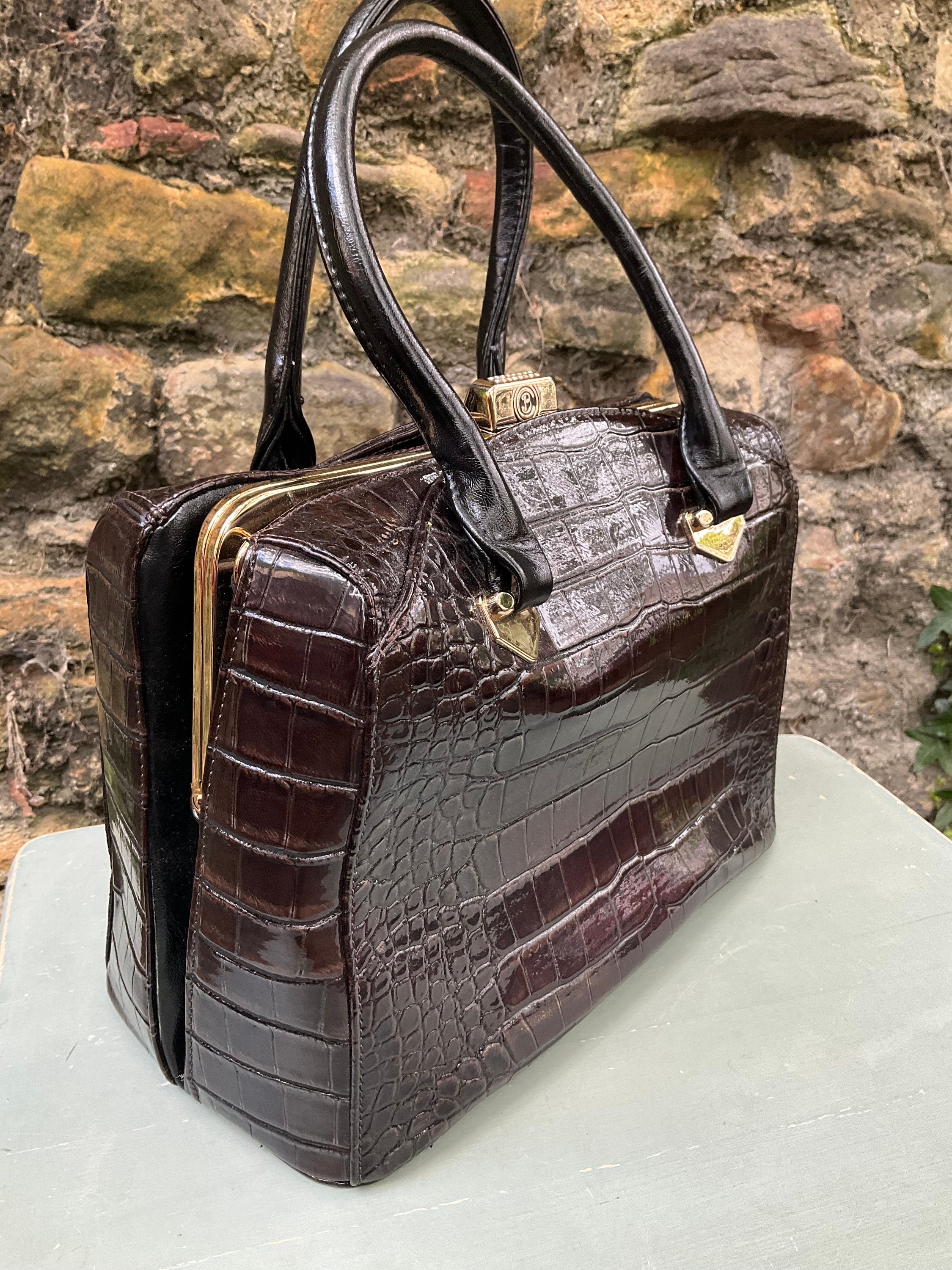 EUC VINTAGE Tre Vero/Dillards Italian Leather Shoulder Bag Taupe Moc Croc  Purse