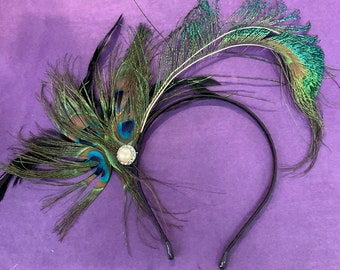 Vintage Hand Made Art Deco Style Peacock Feather Facinator Headband