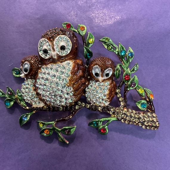 Vintage Butler and Wilson Crystal Owl Brooch: Enamel Family in