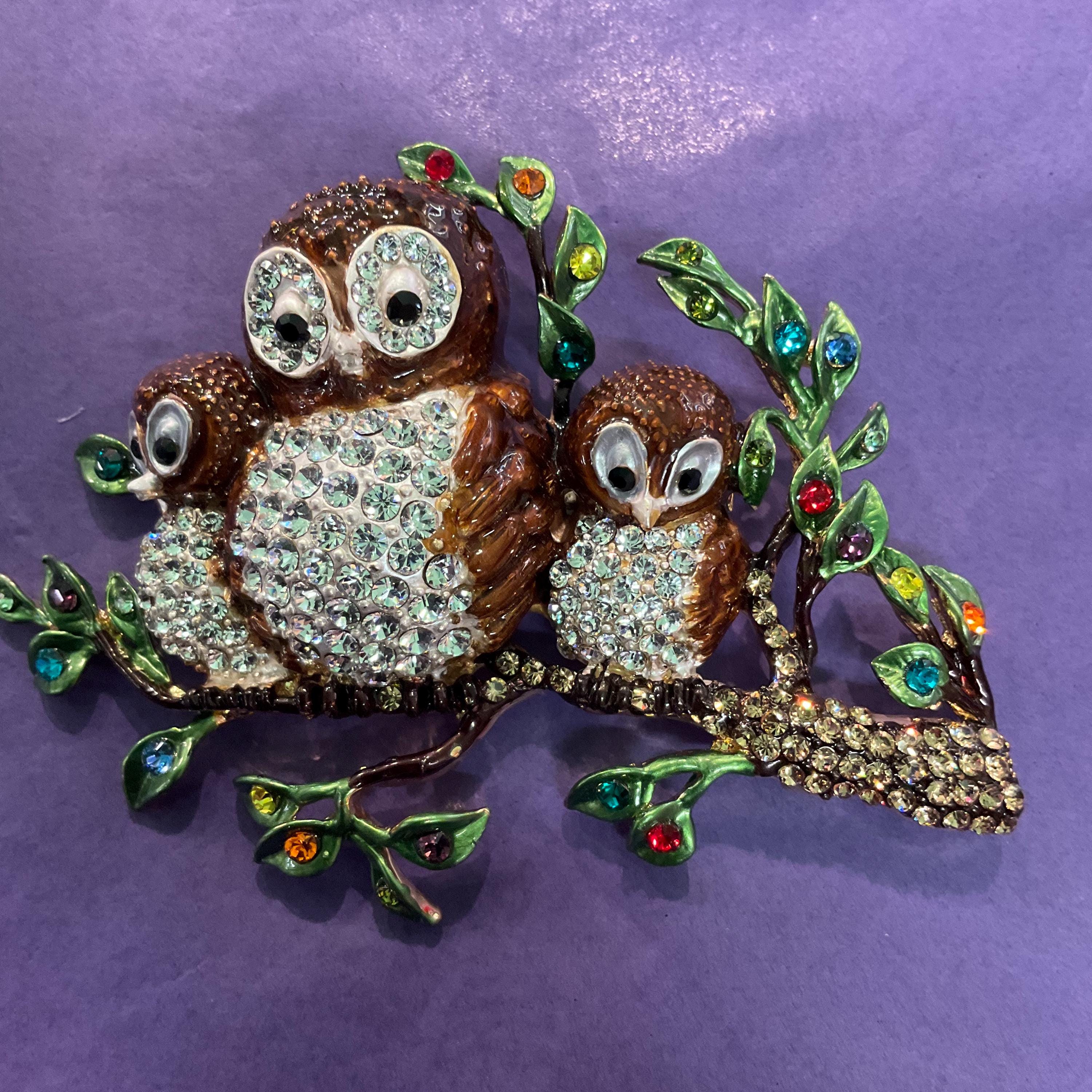 Vintage Butler and Wilson Crystal Owl Brooch: Enamel Family in