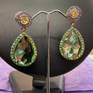 Vintage Butler and Wilson Large Green Crystal Dangle Earrings, Gold Tone with faceted Aurora Crystals, Signed in Original Box