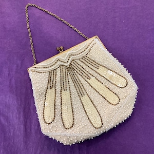 Antique Art Deco Beaded Silk Evening Bag, Ivory tone with bronze and white beads and Cream sequins, Vintage Wedding