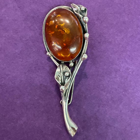 Broche Autruche en Argent 925/1000 et Ambre