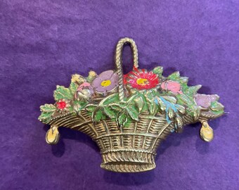 Antique Victorian Floral Brooch: Enamel Painted Brass Bouquet