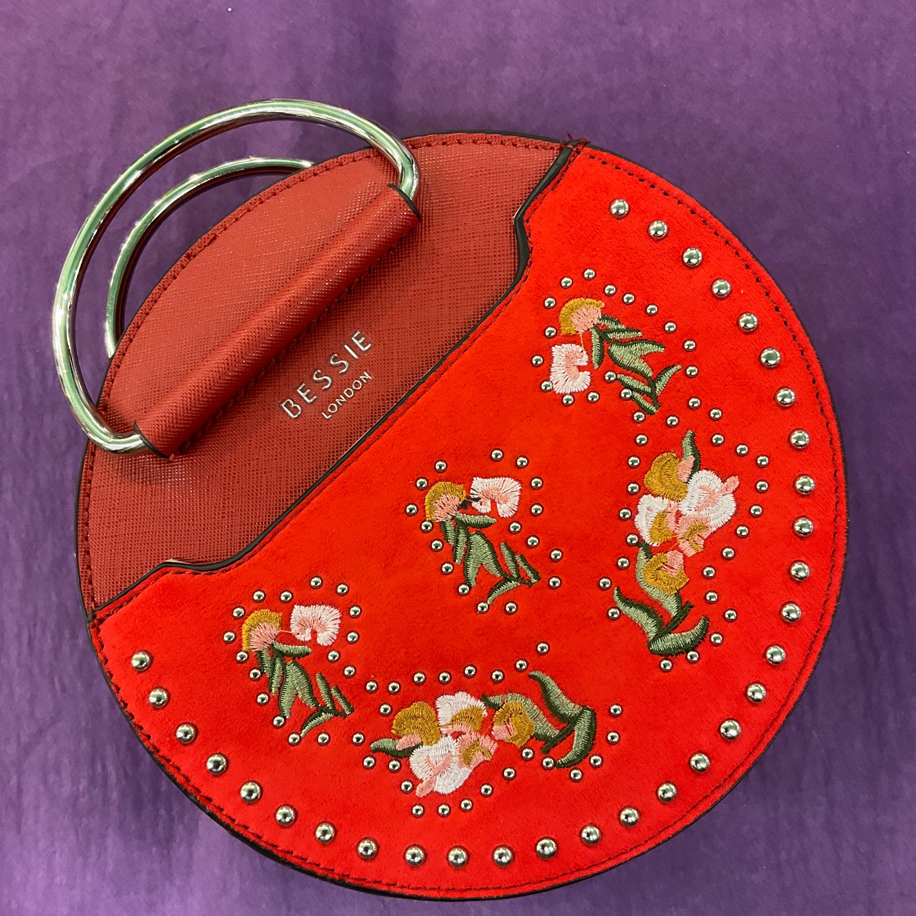 Vintage Bessie London Red Embroidered Floral Handbag With Strap