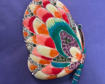 Vintage Butler and Wilson Butterfly Compact Hand Bag Mirror, Coloured Enamel and Crystal Rhinestones, Signed in Original Box, Butterfly Love