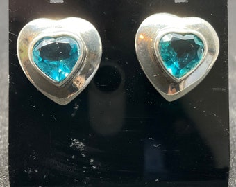 Vintage Silver & Blue Topaz Heart Earrings