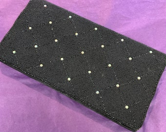 Vintage French 1940s/50s Black Beaded Clutch Bag with Borealis Crystals, Wedding, prom, formal event