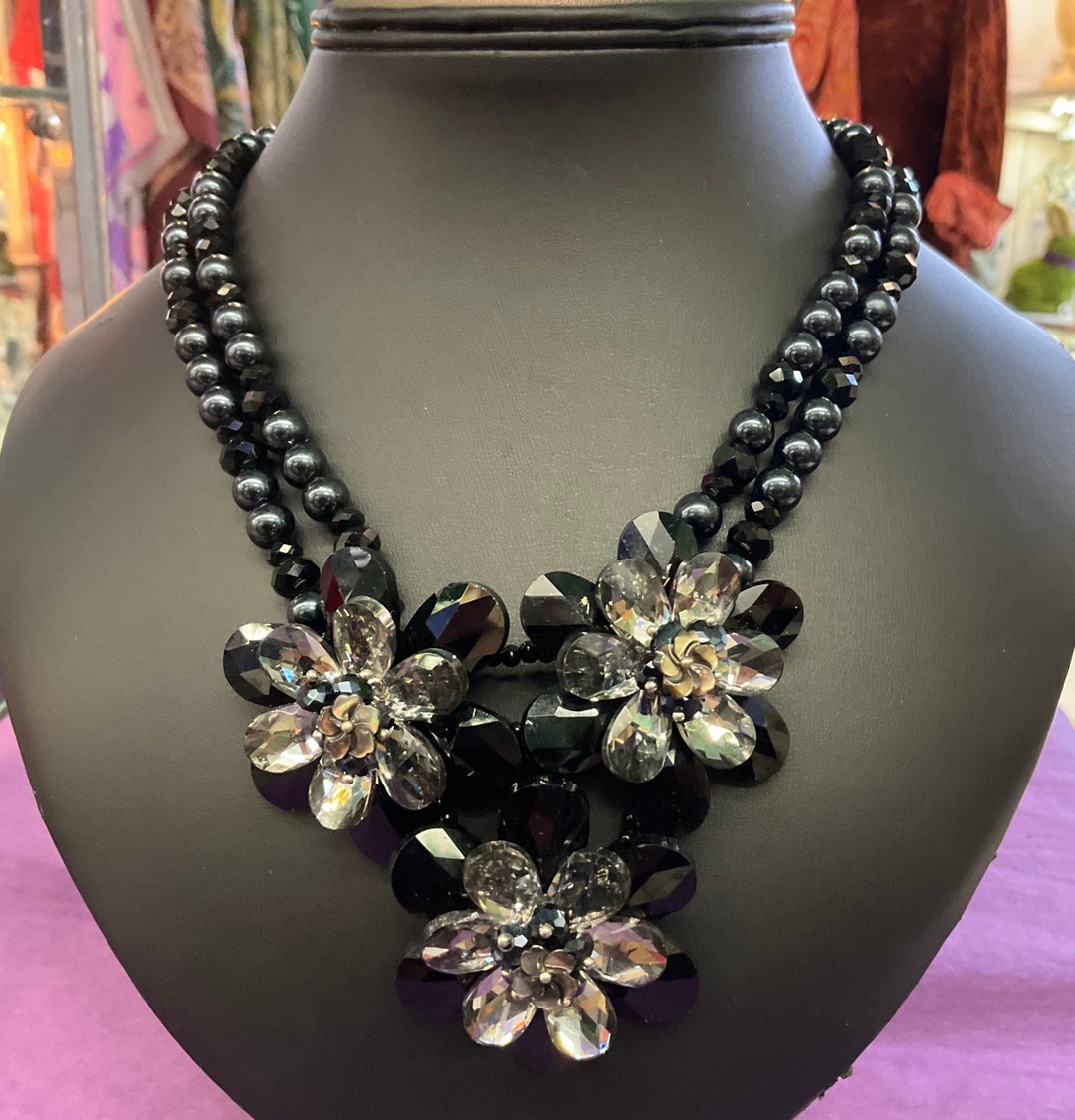 Vintage Butler and Wilson Crystal Flower Necklace: Black Faux 
