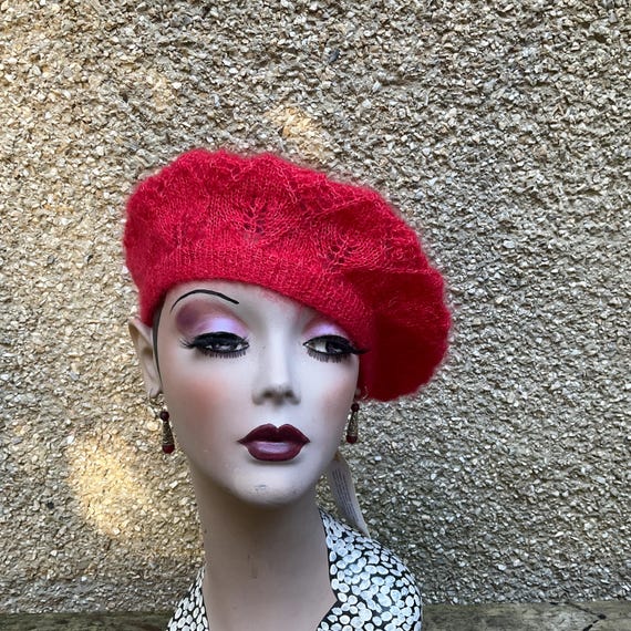 Hand Knit Mohair Kidsilk Beret: Vintage Style Lacy Hat - Etsy display picture 1