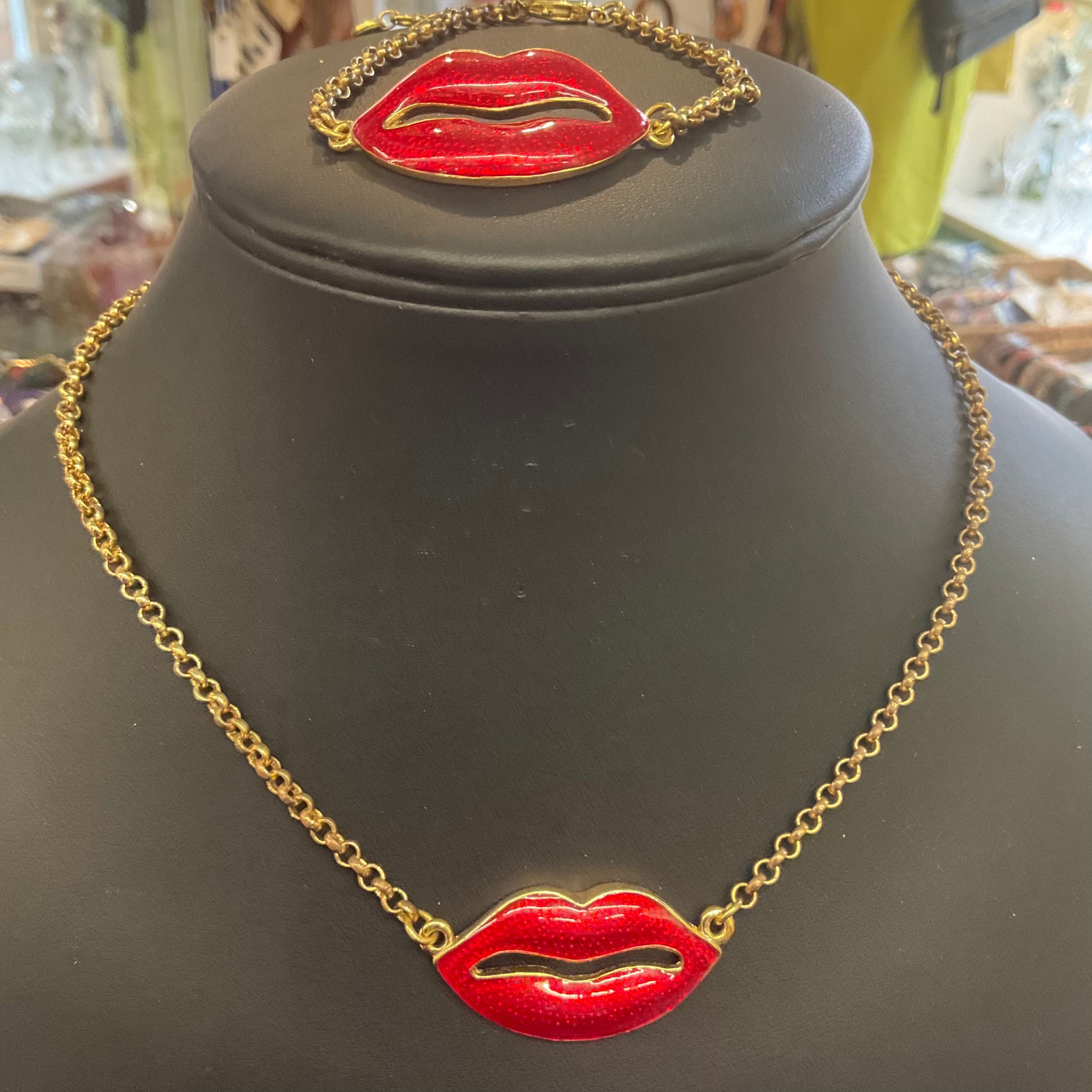 Vintage Butler and Wilson Red Lips Enamel Crystal Necklace